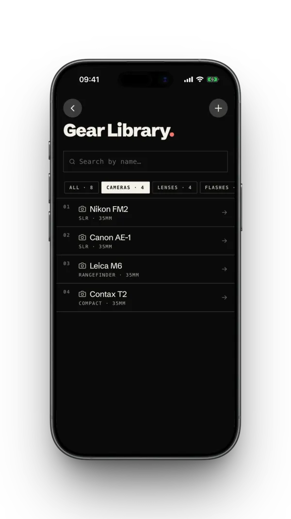 Gear library in the F1lmlog app