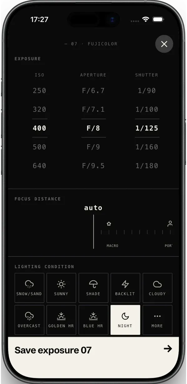 F1lmlog log exposure screen: ISO 400, f/8, 1/125, night lighting