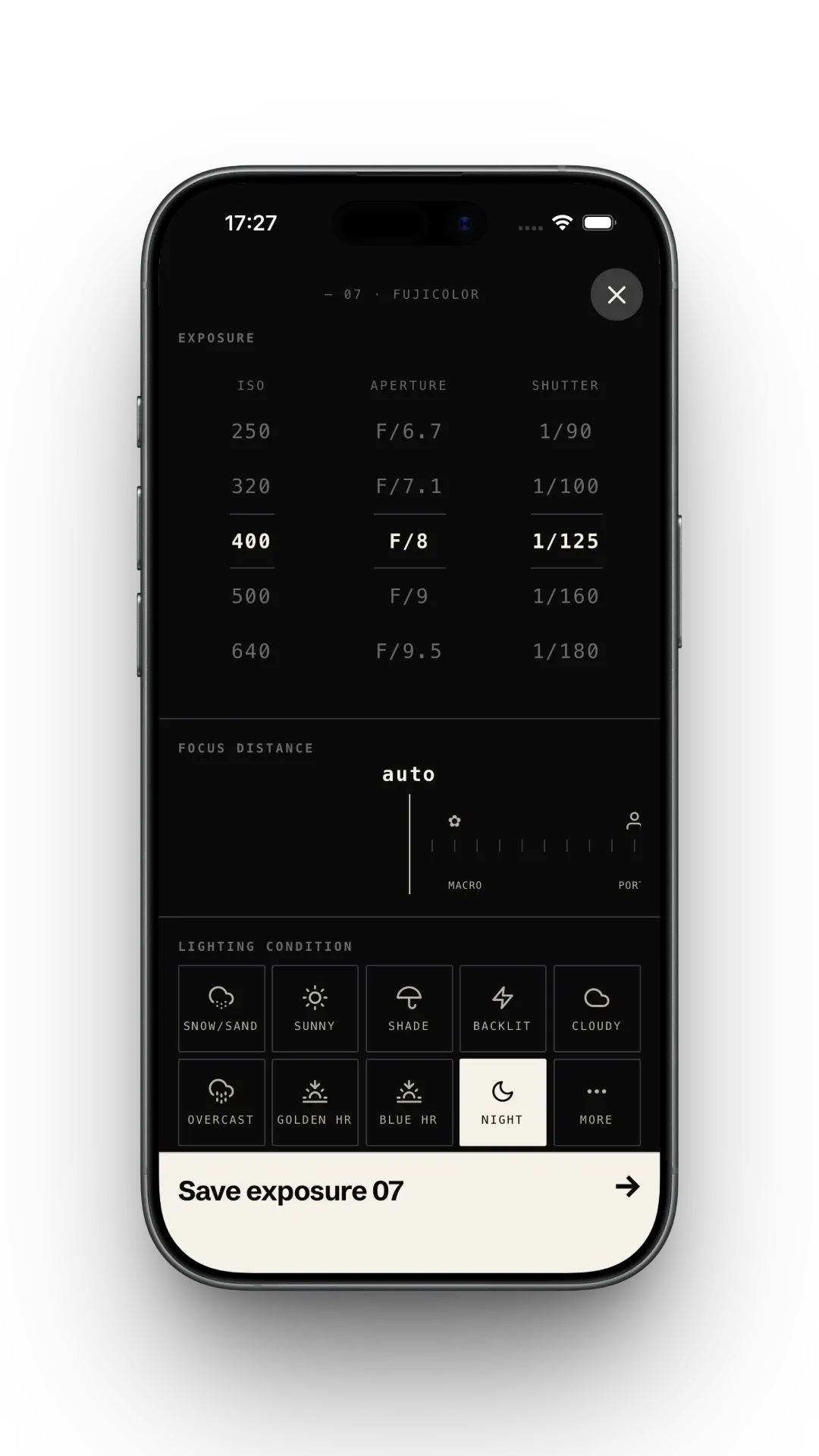 F1lmlog log exposure screen: ISO 400, f/8, 1/125, night lighting