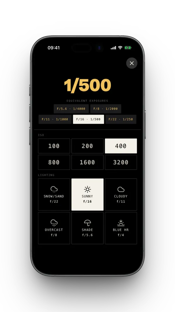 Sunny 16 calculator in the F1lmlog app
