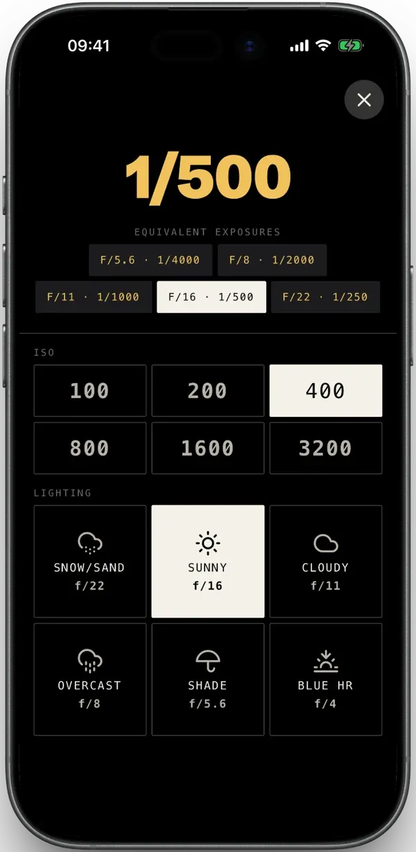 F1lmlog Sunny 16 calculator: 1/500 at f/16, ISO 400, sunny