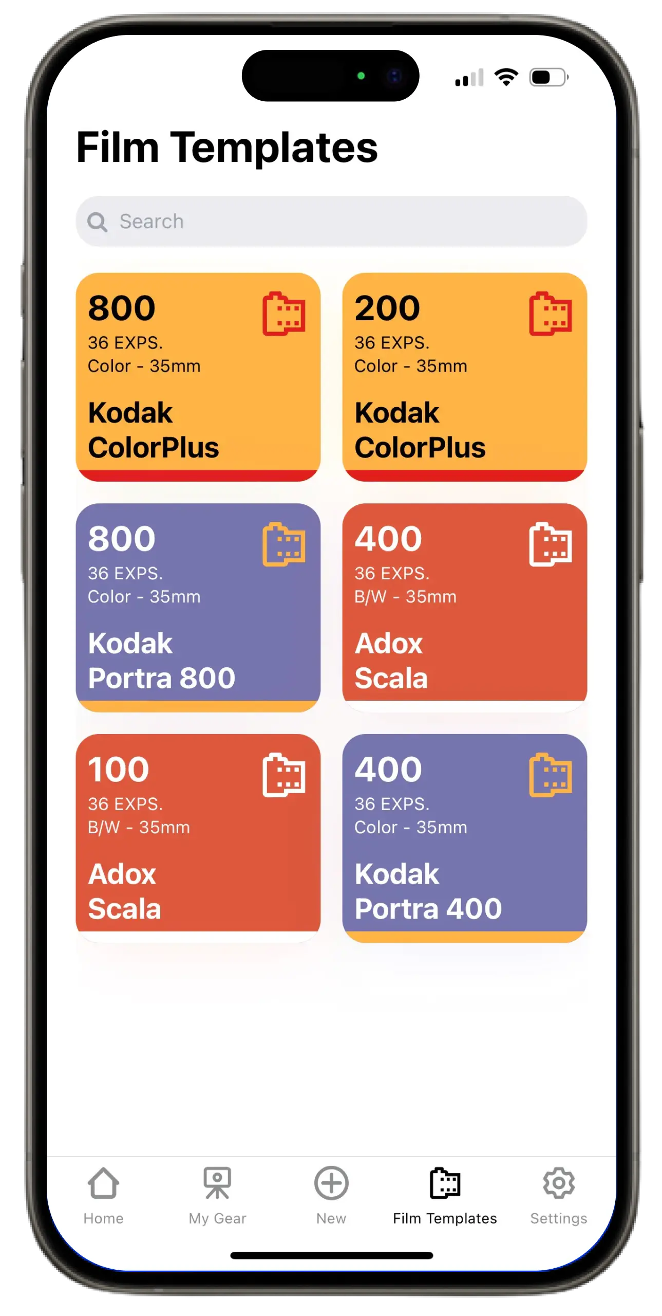 Screenshot of the app showing gear list.