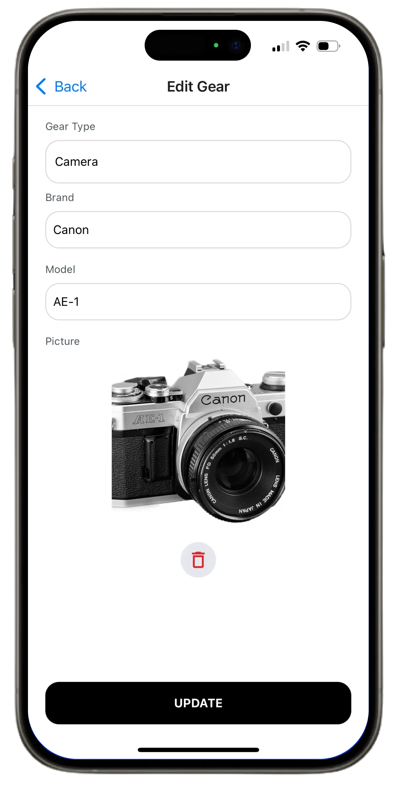 Screenshot of the gear list in the app.