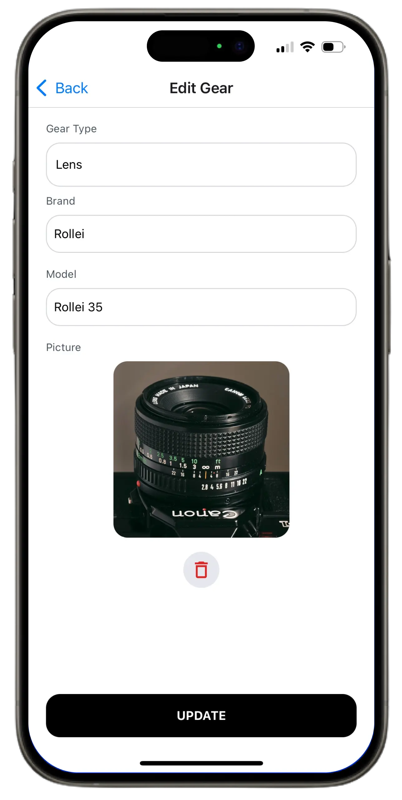 Screenshot of the gear list in the app.